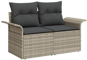 9 Részes Kerti Kanapé Készlet Párnákkal Világosszürke Poli Rattan, 2-Fős Kerti Kanapé Tárolóval és Párnákkal Világosszürke Poli Rattan