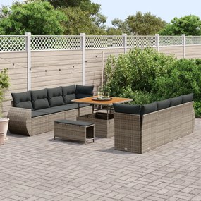 11 Részes Kert Kanapé Szett Párnákkal Szürke Poli Rattan Akácia, 3 Részes Kert Étkező Szett Párnákkal Szürke Poli Rattan Akácia
