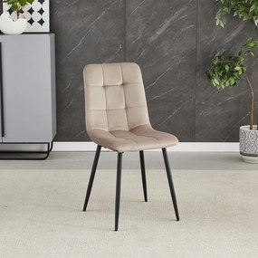 Scaun de sufragerie, material din catifea de culoarea trufei, picioare metalice negre
