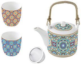 Porcelán teáskanna 600ml, fémszűrővel, 2 porcelánpohárral 160ml, dobozban, Marrakech, Atmosphere