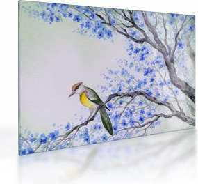 Kép - Madár egy fán kék virágokkal (üvegen) (70x50 cm)