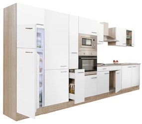 Yorki 420 konyhabútor sonoma tölgy korpusz,selyemfényű fehér fronttal felülfagyasztós hűtős szekrénnyel