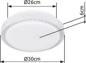 Globo 41749-12 Mennyezeti lámpa fehér váz, akril fehér búra, akril-kristály és sparkle effekt dekorral. Fali kapcsolóról 3 lépésben színhőmérsékletváltós. Ø:260, H:80, tartozék: 1xLED 12W 230V, 980lm, CCT 3.000-4500-6.500