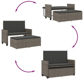 szürke polyrattan kerti pad párnával és lábtartóval