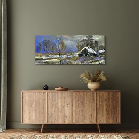 Téli tájon lévő házikó képe, olajfestmény (120x50 cm)