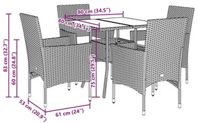 vidaXL 5 részes szürke polyrattan/üveg kerti étkezőgarnitúra párnával