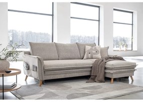 Szürkésbézs kinyitható-tárolóhelyes sarokkanapé (jobb oldali-heverő résszel) Charming Charlie – Miuform