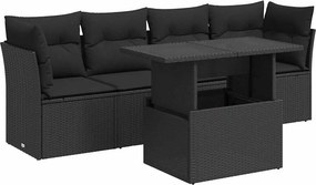 vidaXL 5 részes fekete polyrattan kerti kanapészett párnákkal