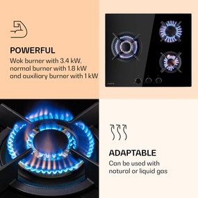 Klarstein Goldflame 3, gázfőzőlap, 3 Messing égő, üvegkerámia