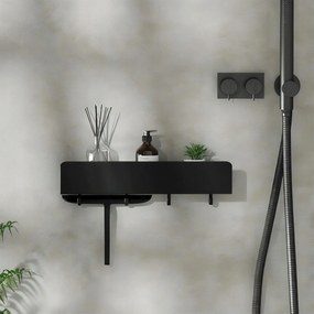 Fekete Zuhanypolc 30cm Rozsdamentes Acél Öntapadós Akasztókkal