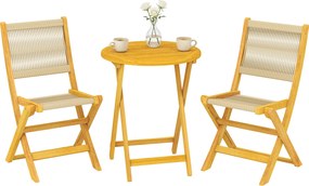 Outsunny 3 részes kültéri akác bistró szett – kerek asztal és 2 összecsukható PP fonott szék, natúr | Aosom