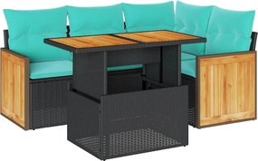 vidaXL 5 részes fekete polyrattan akácfa kerti kanapészett párnákkal