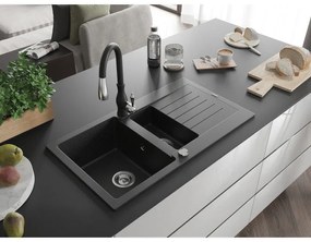 Mexen Matias, 1,5 kamrás gránit mosogató 900x505x200 mm és Savita mosogató csaptelep, fekete-ezüst metál, 6502-73-672601-70