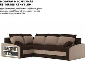 Grande sarokkanapé polcokkal , polc a bal karfaban, baloldali, szövet anyag, hab töltet, barna