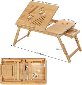 Bambusz laptop asztal szellőző lyukakkal, állítható magasság 55x35cm