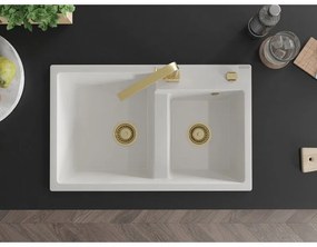 Mexen Tomas, gránit mosogató 800x500x190 mm, 2 kamrás és arany csaptelep Rita, fehér, 6516-20-670300-50