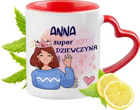 Piros bögre szív alakú füllel Anna számára Ajándék