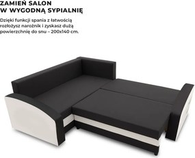 Grande sarokkanapé polcokkal , polc a jobb karfaban, baloldali, szövet anyag, hab töltet, fekete - fehér