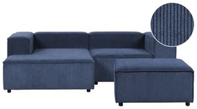 Kombinálható kétszemélyes jobb oldali kék kordbársony kanapé ottománnal APRICA Beliani