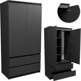 Szekrény S902D2SZGRA grafit szürke 90 gardróbszekrény polc fiók rúd akasztók