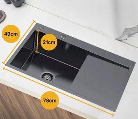 Erga HD, 1 kamrás acél mosogató 780x490x210 mm, bal, grafit, ERG-MLS-HD7849LB