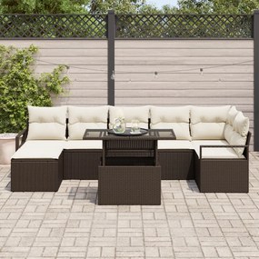 8 Darabos Kertibútor Szett Párnákkal Barna Poly Rattan, 2-Személyes Kertisofa Tárolóval és Párnákkal Barna Poly Rattan