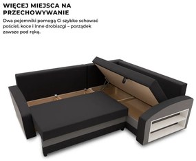 Grande sarokkanapé polcokkal , polc a jobb karfaban, jobboldali, szövet anyag, bonell töltet, fekete - szürke