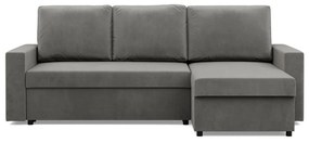 Zeus sarokkanapé, 2 ágyneműtartóval, egyenes kartámasz, bársony, univerzális oldal, hab töltet, világosszürke