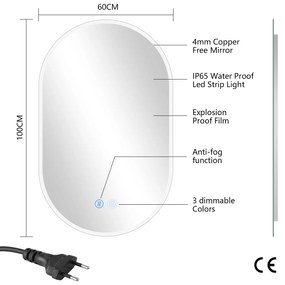 Erga Demi, ovális LED tükör 60x100cm, 3 színű fény, első világítás, páramentes fűtőbetét, ERG-V01-Demi-6010-CL