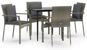 vidaXL 5 részes fekete és szürke polyrattan kerti étkezőszett párnával