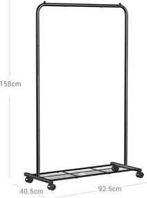 Fém ruhatartó kerekekkel, tárolópolccal, felső sín 40 kg-ig, fekete