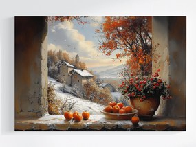 Vászonkép Canvas Ablak Terasz Kilátás Tél Táj Hegyek Házak 60x40