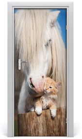 Ajtó tapéta Fehér ló egy macska 95x205 cm
