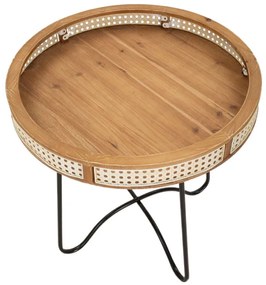 Kerek kisasztal fekete fém vázzal és fa szegéllyel