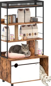 PawHut 2 az 1-ben Macska WC Szekrény, Macska WC 3 Szintes Polccal, Kaparóoszlop, Lengő Ajtó, Macska Ház 6 kg-os Macskák Számára, 80 x 48 x 152 cm, Rus