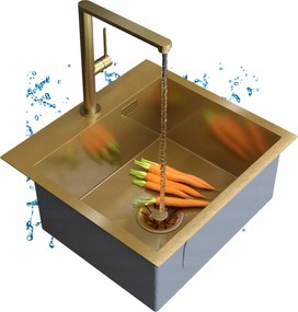 Acél mosogató SILVO48 egymedencés mosogató arany szifon Lux csaptelep Velmo