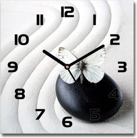 Négyzet alakú üveg falióra Zen kő és pillangó 30x30