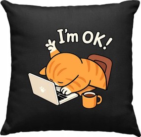 Macska a laptop mellett párna irodai humor fekete