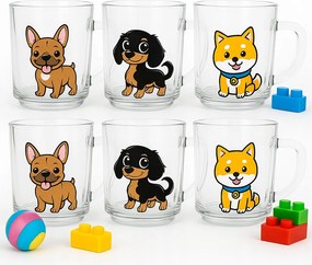 Üveg bögrék kutyáknak 220ml 6 db-os szett Tacskó Bulldog Shiba Inu gyerek