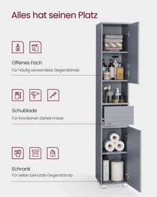 Magas fürdőszobai szekrény 30×30×170 cm, misztikus szürke színben