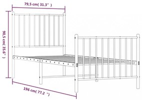 fehér fém ágykeret fej- és lábtámlával 75 x 190 cm