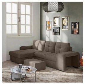 PALERMO baloldali barna kihúzható kanapé tárolóval és puffal