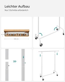 SONGMICS gurulós ruhatartó állvány, kihúzható ruharúd, max. 130 kg terhelhetőség, matt fehér