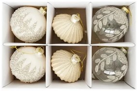 Karácsonyi üveg gömb dísz glitter dekorral átlátszó, bronz, krém 8 cm 6 db