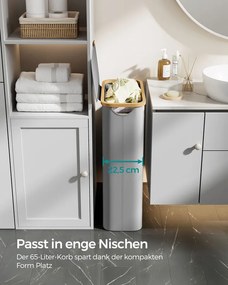 Szennyeskosár fedéllel, keskeny szennyestartó 65 L, 42 x 22,5 x 70,5 cm, galambszürke