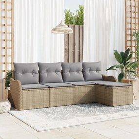 5 részes kanapé szett párnákkal bézs poli rattan, 2 személyes kanapé tárolóval és párnákkal bézs poli rattan