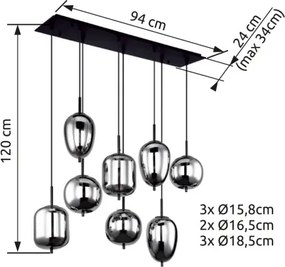 Globo 15345-8 Függeszték fekete fém váz, füstszínű 8 különböző méretű, és formájú üvegbúrával. HxSZxM940x340x1200, exkl. 8xE14 40W 230V