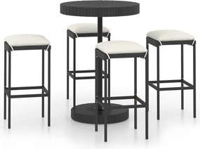 vidaXL 5 részes fekete polyrattan kerti bárszett párnákkal