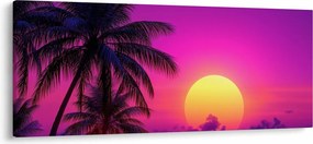 Kép - Lila naplemente pálmafával (120x50 cm)