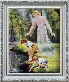 Vászonkép 31x26 Őrangyal Angyal Fehér Díszített Keresztelő Ajándék Keret